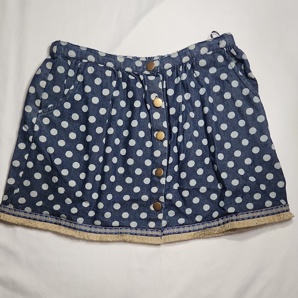 Angie Girls Blue Polka Dot Skirt XL 11/12 Button Front Pockets Fringe Hem